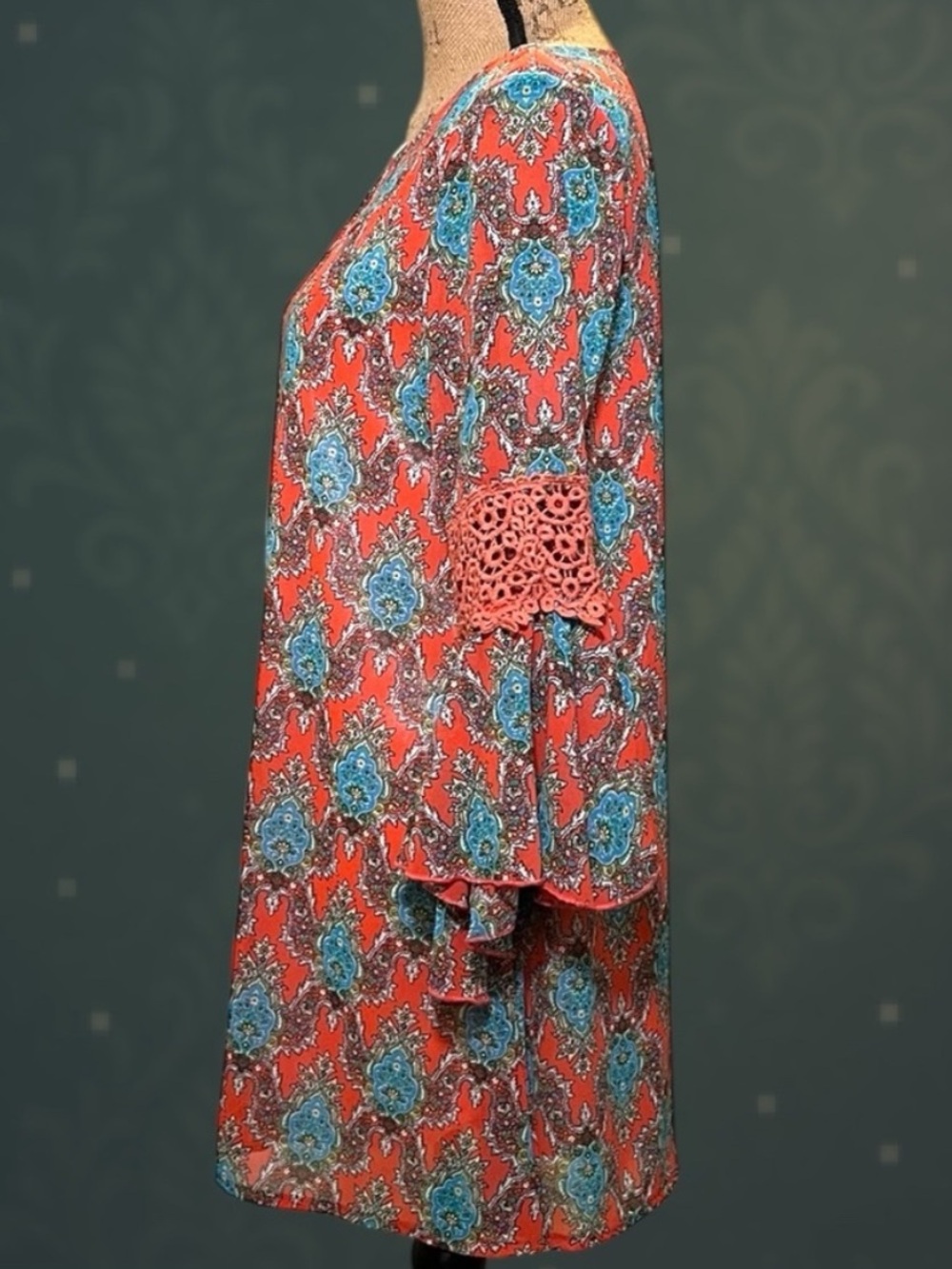 Lady Noiz Coral Paisley Boho Dress Bell Sleeves Crochet Lace Small - Picture 5 of 15